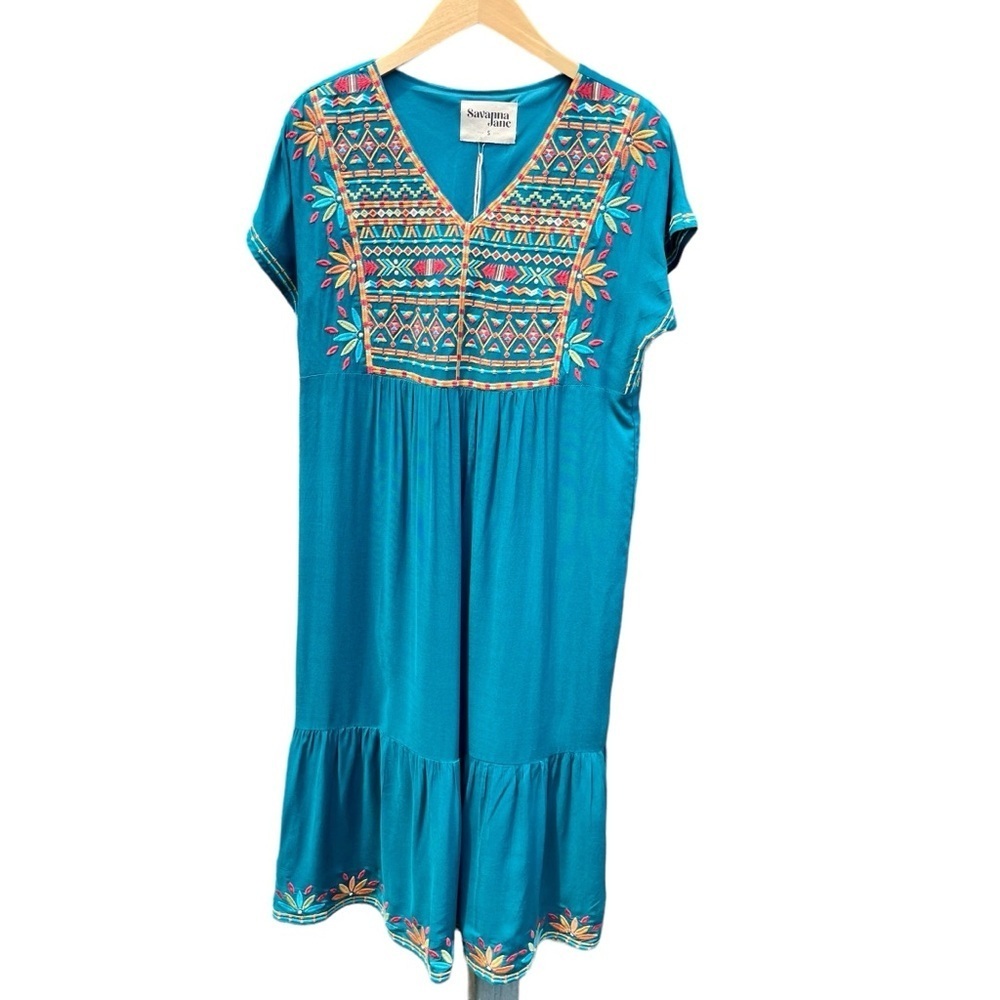NWT Savannah Jane Embroidered V Neck‎ Dress Teal Midi Lined Boho Womans SM